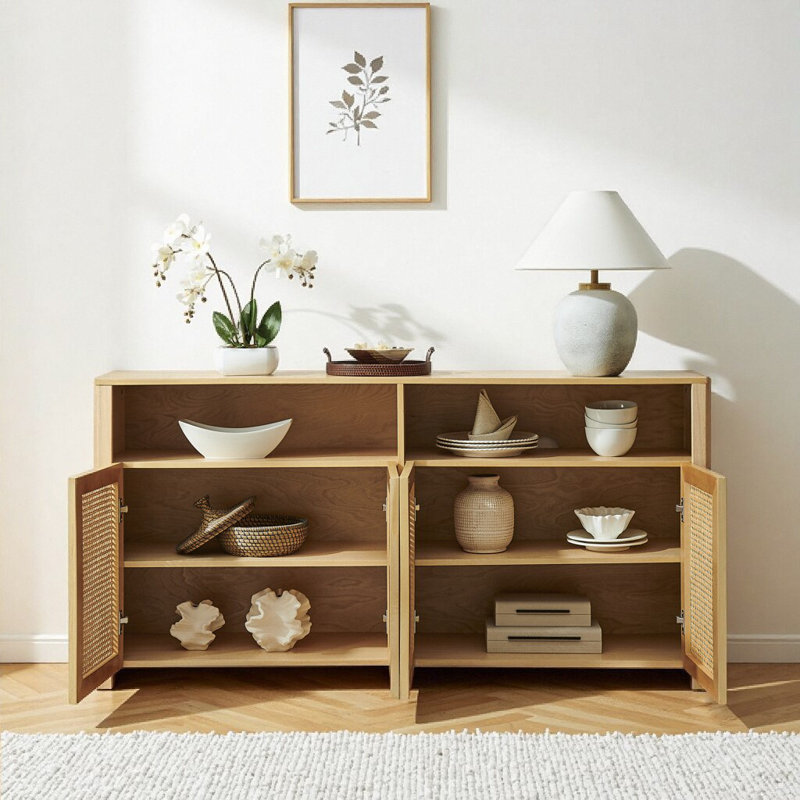 Buffet 63,02 "Mid Century Modern Buffet avec rangement, grande console média pour le salon, l'entrée et la cuisine, Naturel