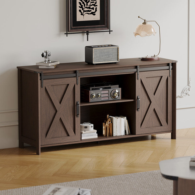 Tv Stand For Tvs Up To 70" with 2 Sliding Barn Doors and Built-In Charging Station, Brown
