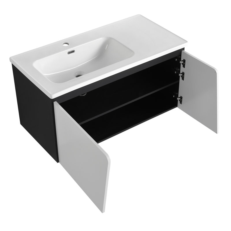 Roomfitters 40" Floating Wall Mounted Bathroom Vanity, Glazed Ceramic Sink, White & Black