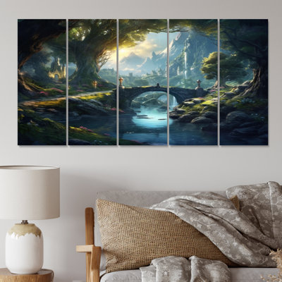 «Green Blue Calming Waterfall - Lakes & Rivers», reproduction d'art sur toile - 5 panneaux égaux