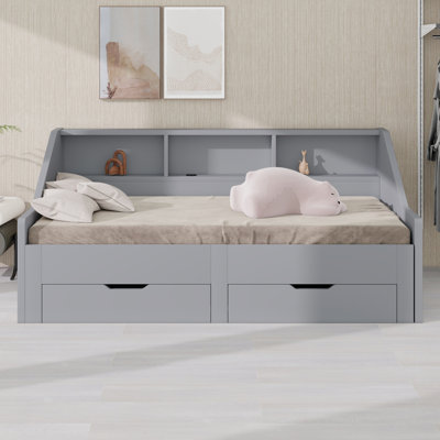 Daybed Frame With Storage Bookcases And Two Drawers,Charging Design