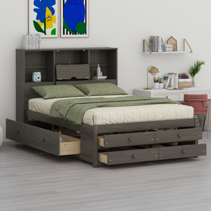 Platform Bed With Storage Headboard And Drawers, Gray, Queen