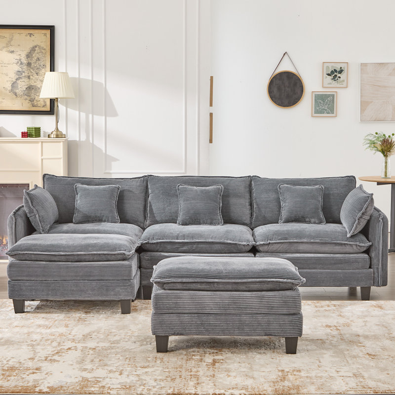 116" U Shaped Sectional Modular Couch, 3-Seater Comfy Cloud Sofa, Set Of Modular Pieces With Movable Ottoman, Deep Seat Couches For Living Room, Corduroy