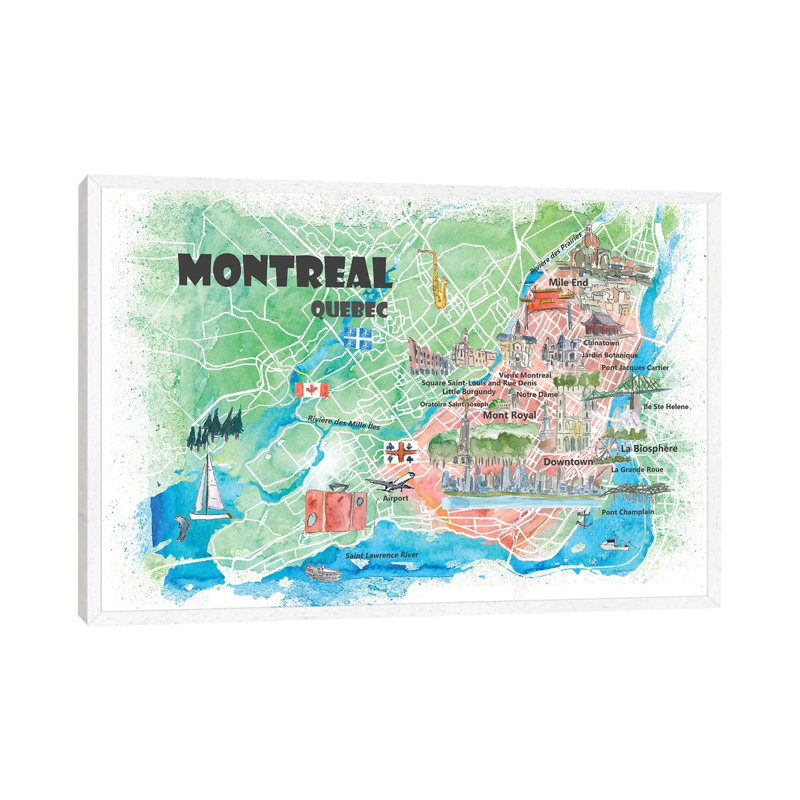 Montreal Quebec Canada Illustrated Map 1 Piece Painting on Canvas, 66.04cm H x 101.6cm W x 3.81cm D, White Floater Framed