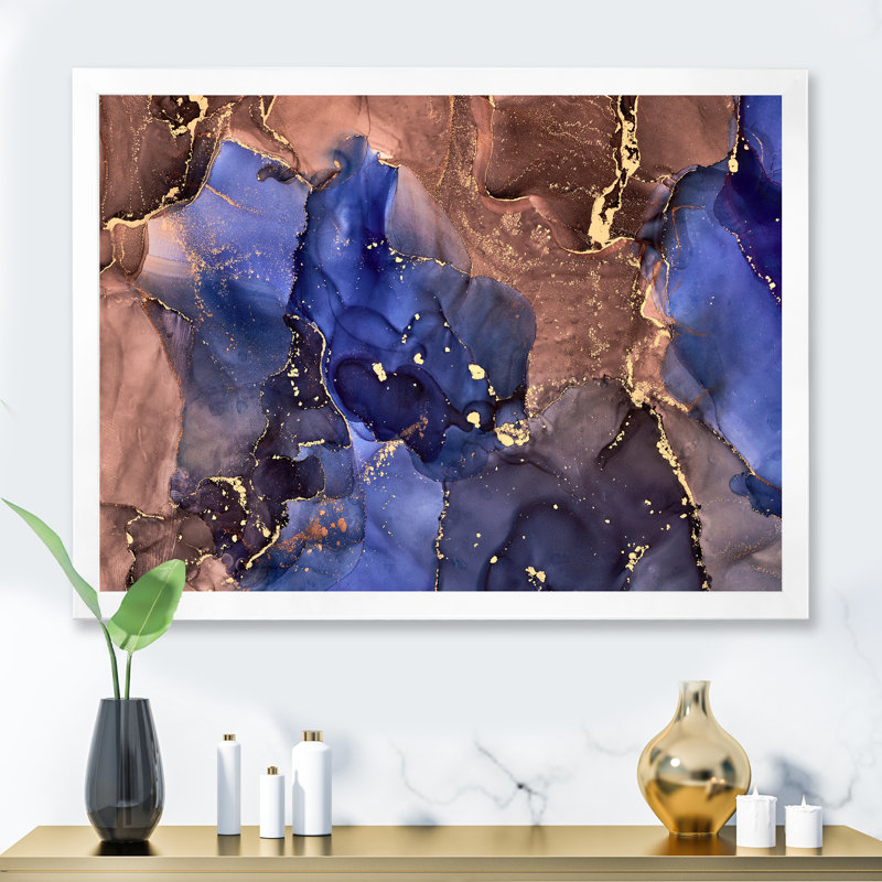 " Blue Luxury Abstract Fluid Art XIV " Painting Print, White Picture Frame, 16" H x 32" W