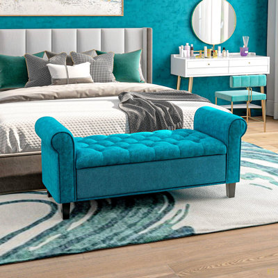 50" Storage Ottoman Bench, Upholstered End Of Bed Bench With Rolled Arms, Wood Legs, Button Tufted Storage Bench With Safety Hinges For Living Room, E by Red Barrel Studio
