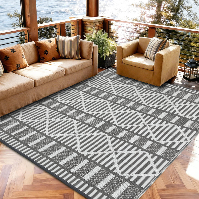 9x18 Ft Outdoor Rug 320GSM PP Woven Double Sided Same Pattern Waterproof Geometric Patio Mat for Backyard Deck Porch Camping Picnic Beach, Gray White