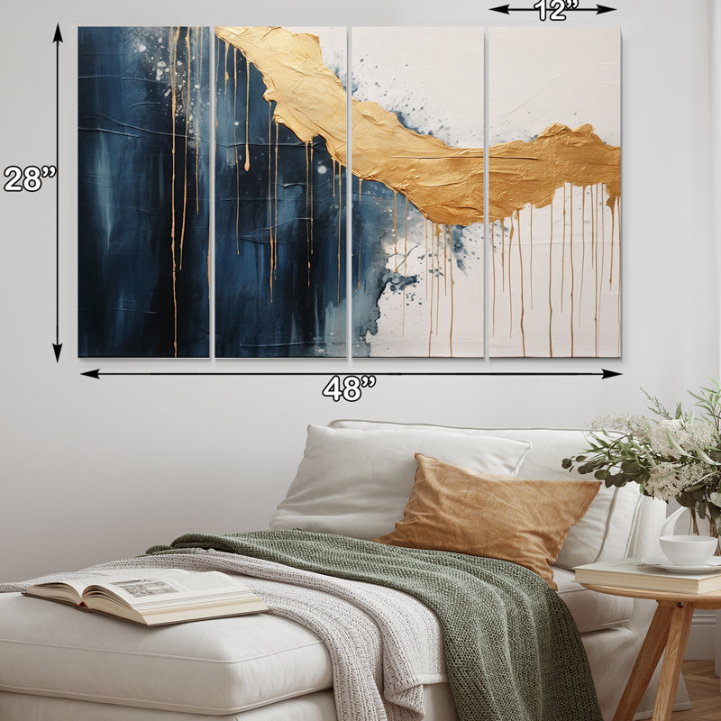 «Waves of Joy Minimal Nova» bleu et or - reproduction d'art sur toile tendue 4 pièces