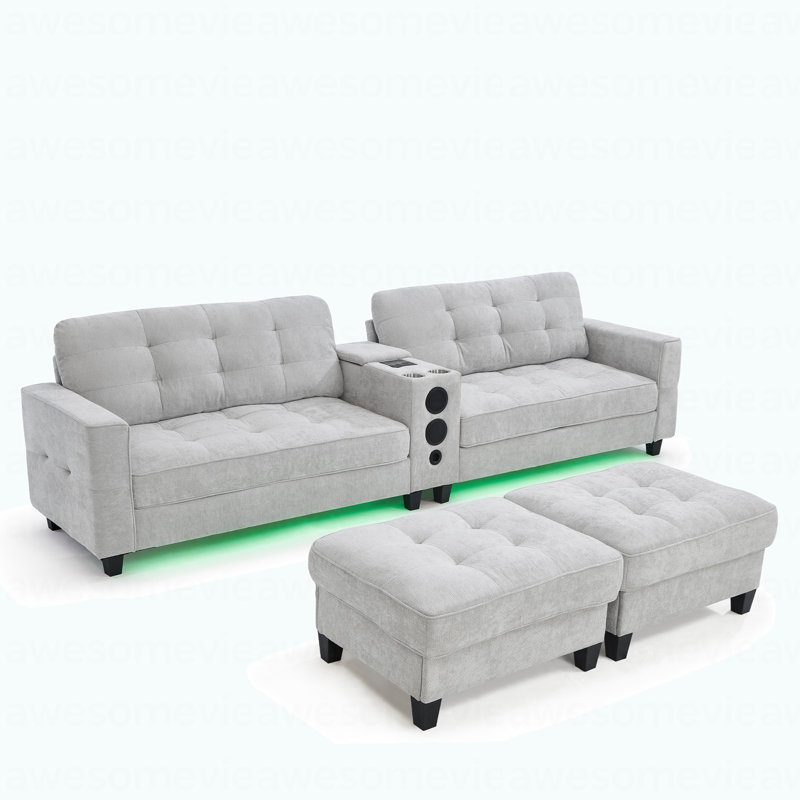 Modern Sectional Sofa 126" U-Shaped Sectional Sofa Modular Sectional Couch With Movable Storage Ottomans, Multifunctional Console, Bluetooth Speakers And LED Lights For Living Room, Light Grey