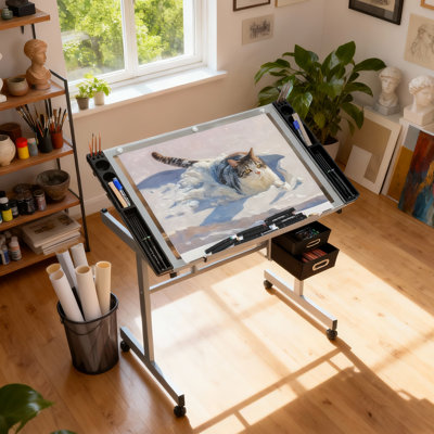 Table à dessin avec plateau double en verre trempé Laque