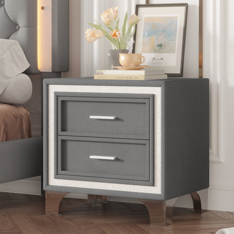Table de chevet 2 tiroirs en velours 22 po, Gris