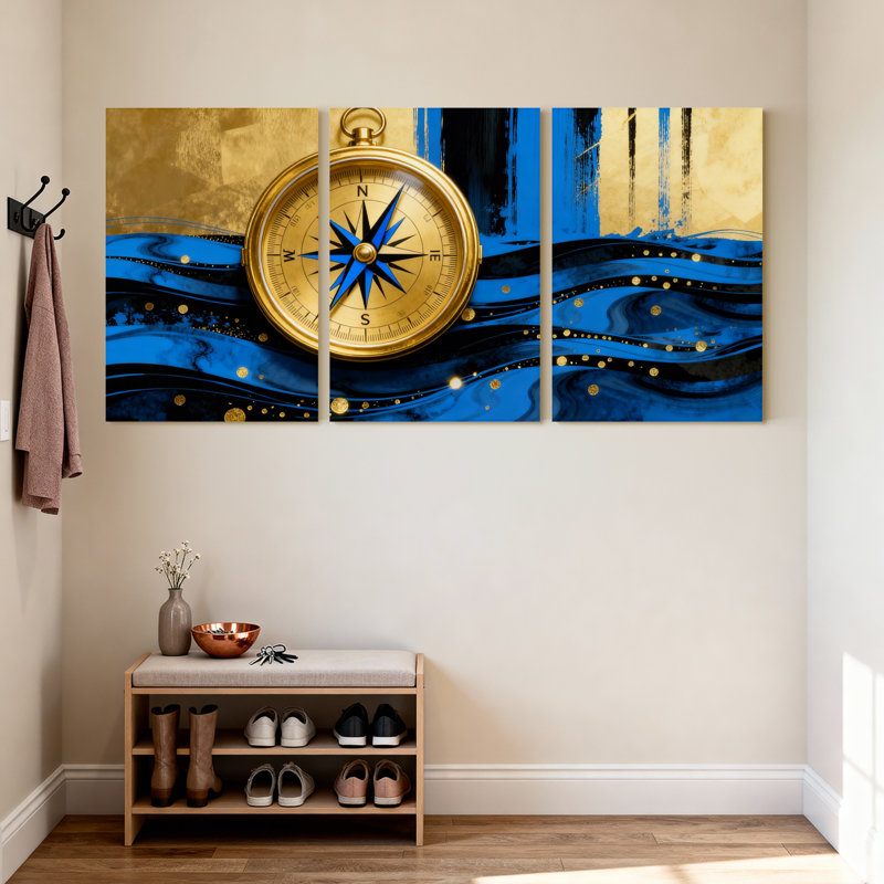 Golden Compass Blue Waves Abstract Art Set of 3 Canvas Wall Art Prints, 24" H x 48" W