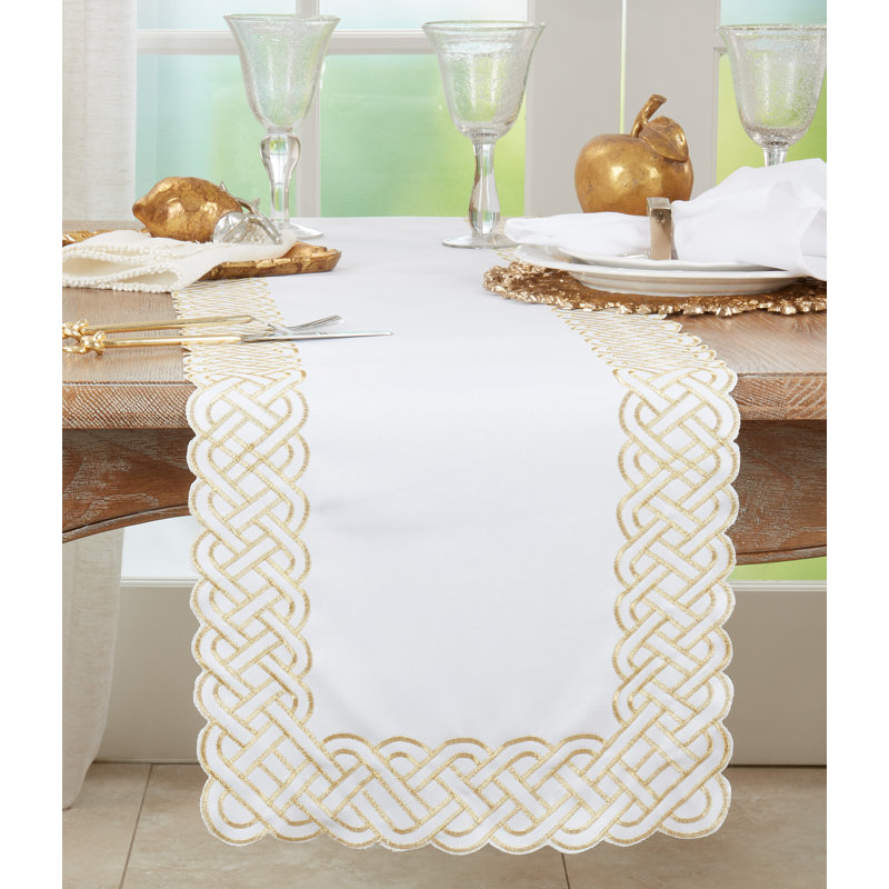 White and Gold Braid Embroidered Polyester Table Runner