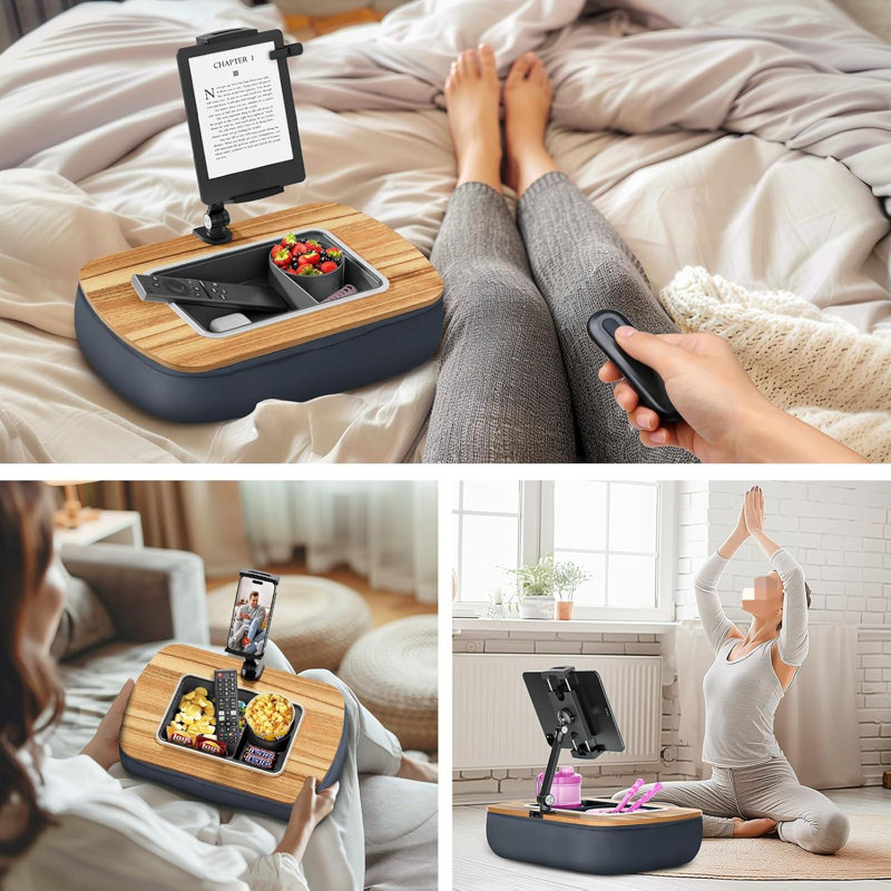 Support pour tablette Lap Bean Bag, support réglable pour iPad avec bol à collation, pince rotative à 360 °, Gris pâle