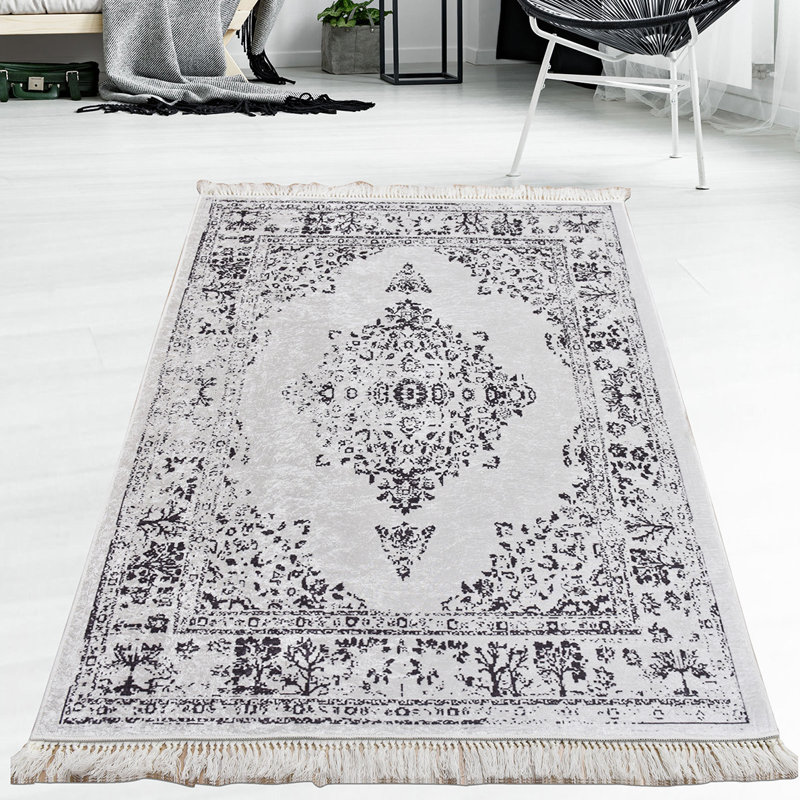 Tapis rectangulaire gris / noir en velours / polyester fabriqué à la machine Pollux, Rectangle 4 pi 7 po x 6 pi 3 po