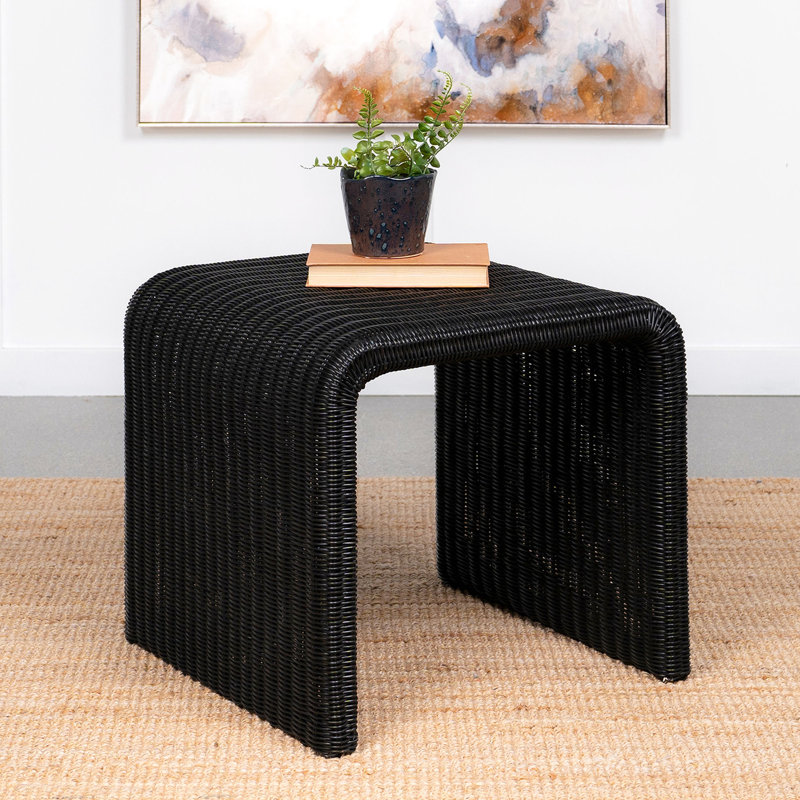 Table d'appoint carrée en tissu noir tressé, style rétro, forme en U inversé, 56 cm de large, 10,3 kg, silhouette harmonieuse.