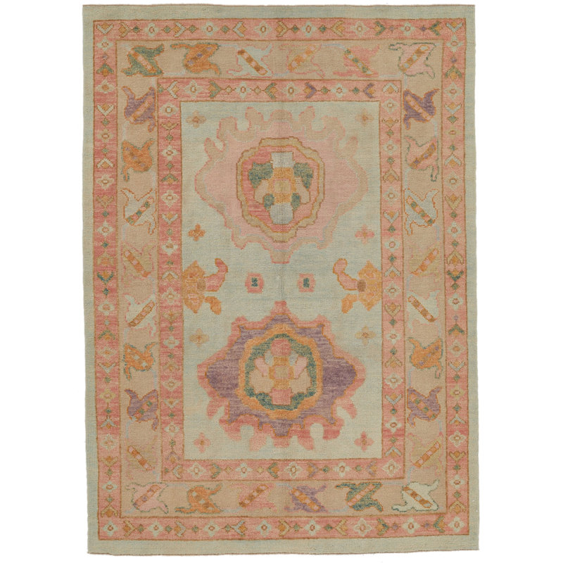 5x7 Green and Pink Turkish Oushak Rug