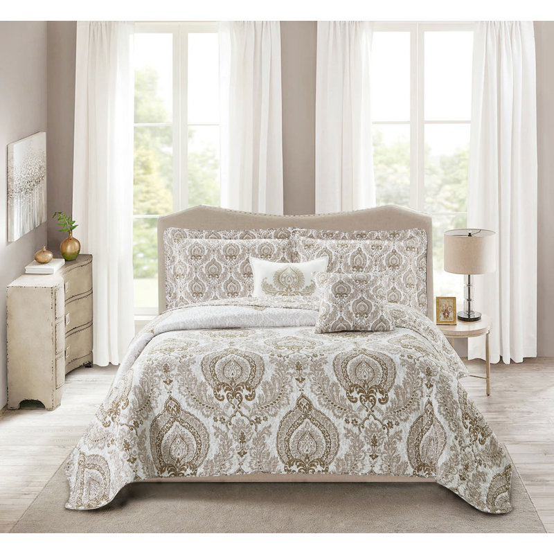  Ensemble de couvre-lit réversible en microfibre taupe / ivoire / gris-vert 5 pièces