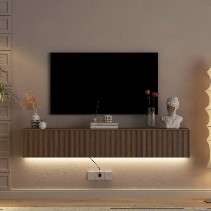 Meuble télé flottant avec 16 couleurs DEL, H 11,8 po x L 68,8 po x l 11,8 po, Bois