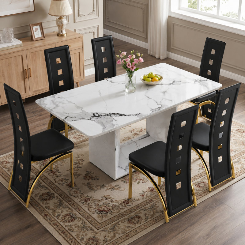Fullwood 7-Piece Marble Top Dining Table Set With Upholstered Dining Chairs, Black/Gold, 7 Pieces: Table, 6 Chairs