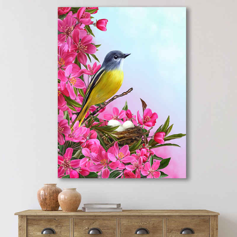 Petit oiseau jaune près du nid avec fleurs - Impression sur toile, H 40 po x l 30 po x P 1 po, Toile tendue