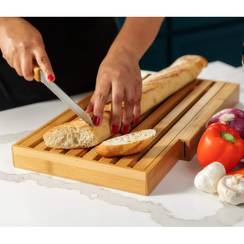 Large Bamboo Bread Board With Large Bread Knife And Crumb Catcher, Bread Slicer, Bread Slicer For Homemade Bread