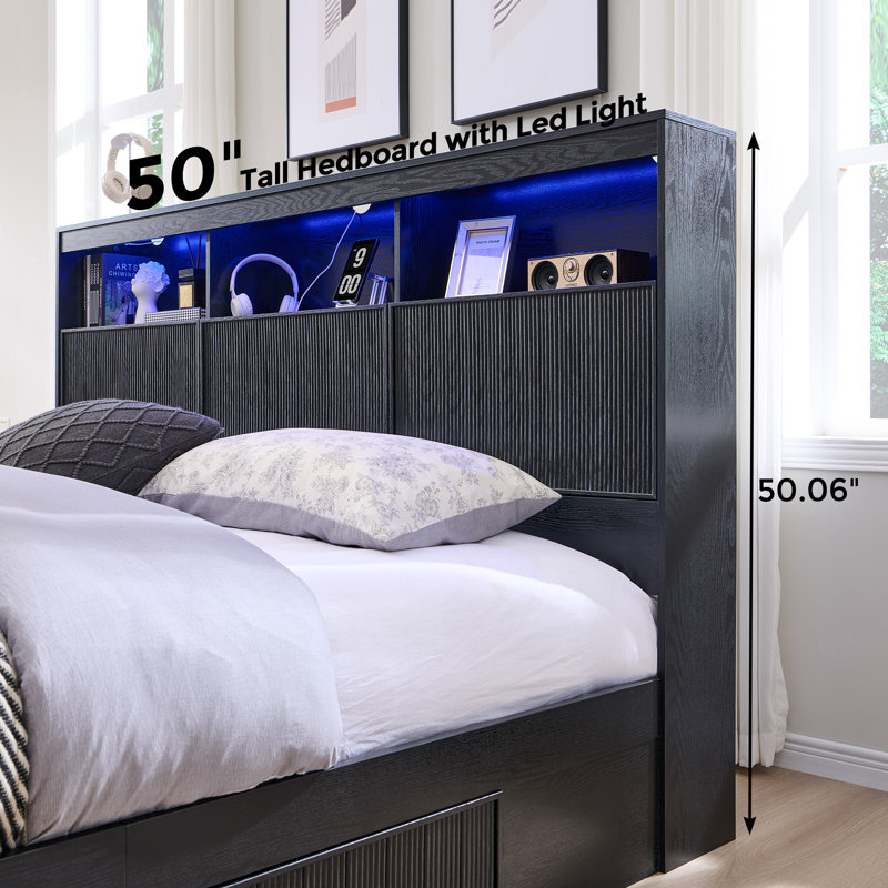  Bed Frame with Storage Headboard, LED Lights/Storage Headboard Charging Station, Modern 4-Drawers with Fluted King Size Wood Platform Bed Frame