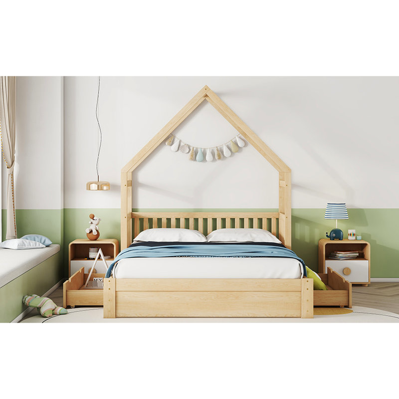 Grand lit plateforme en bois naturel avec garde-corps et 2 tiroirs spacieux, Naturel