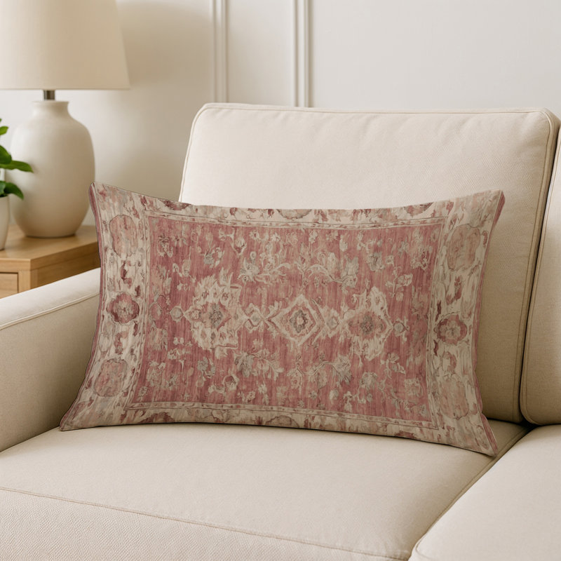 Coussin décoratif intérieur et extérieur Modern, Rose cendré / beige / damas ivoire, Rectangle H 25 po x l 18 po