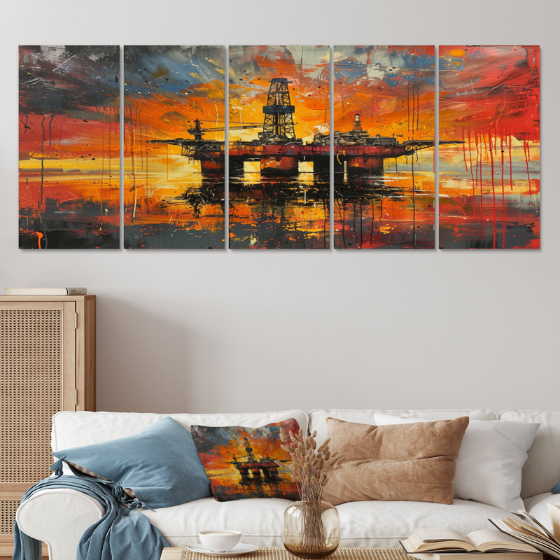 Orange Orange Oil Rig Ocean Drill - ensemble de reproductions d'art mural, H 32 po x l 80 po