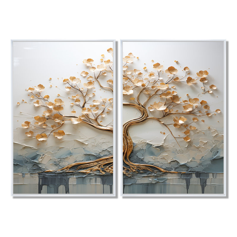 Arbre doré dans un lac au début du printemps I - décoration murale moderne, H 36 po x l 48 po, Blanc