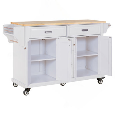 Kitchen Island With Rubber Wood Countertop, Kitchen Cart On 5 Wheels With Storage Cabinet