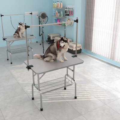 42" Folding Pet Grooming Table With Adjustable Arm, Stainless Steel Frame, Non Slip Rubber Surface, Silver Grey
