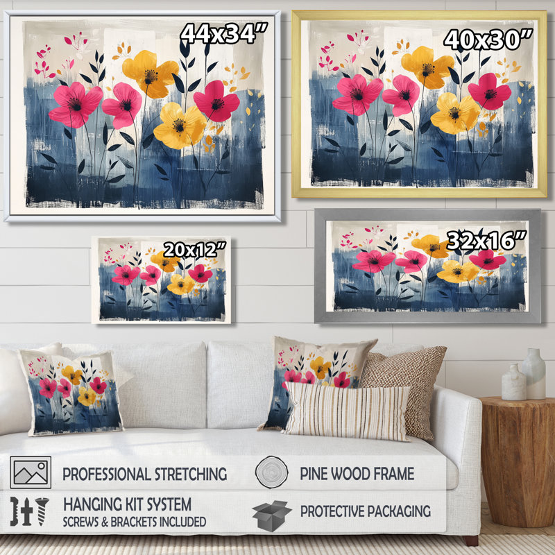 Aquarelle coquelicots et fleurs sauvages - coquelicot grand, art mural, H 12 po x l 20 po, Argent argent