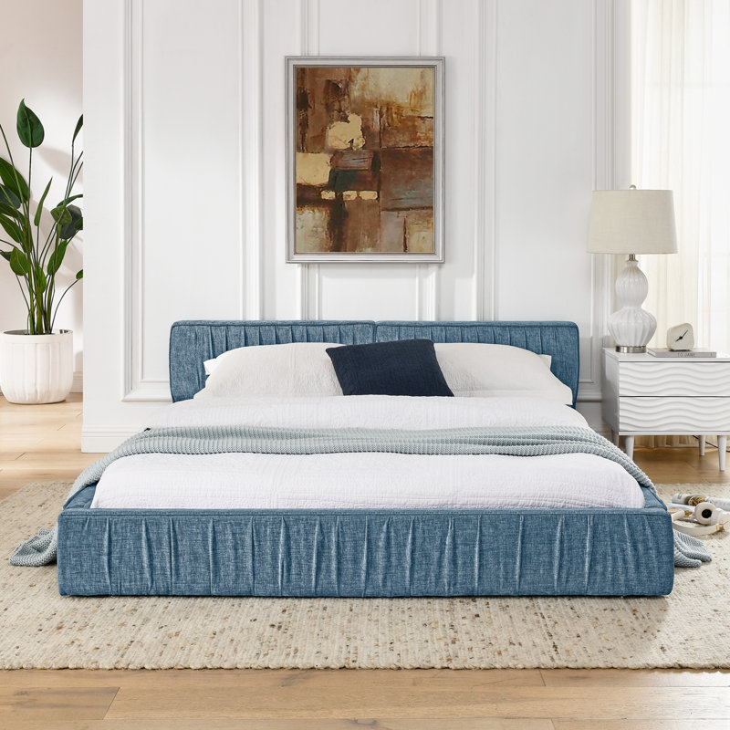 Queen Size Chenille Upholstered Bed Frame With Pleated Design, Dark Blue