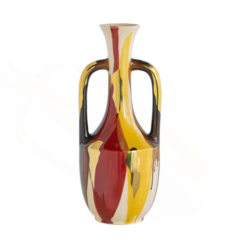 Vase en céramique 6,8 po x 6,8 po x 16,9 po avec poignées et finition abstraite multicolore