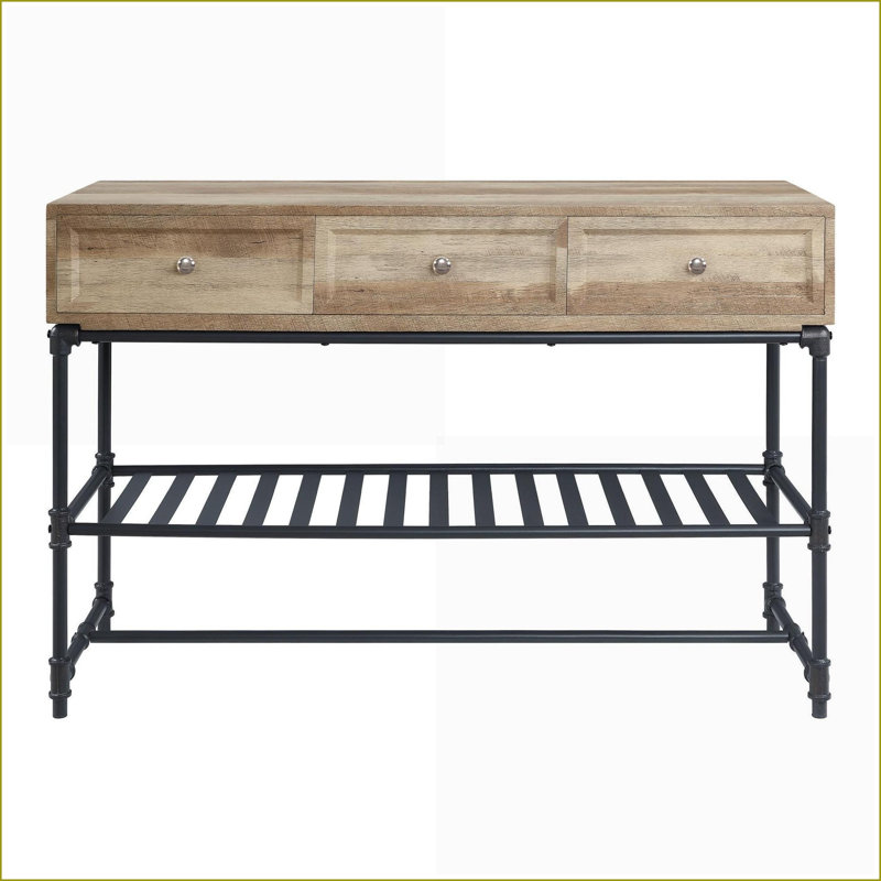 Table basse industrielle en chêne et gris sable pour le salon - tiroir de rangement, tablette spacieuse, assemblage facile par KD
