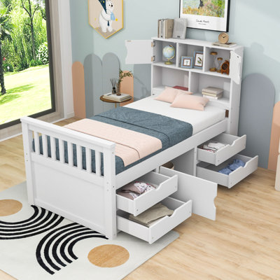 Marinca Wood Platform Bed with Storage Bookcases and Shelves, Four Drawers by Latitude Run