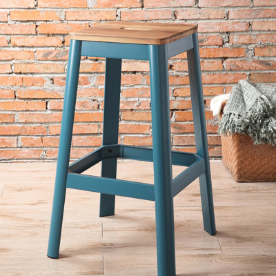 Tabouret de bar naturel et bleu sarcelle pour cuisine avec pieds en métal