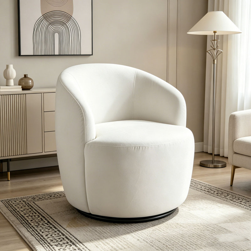 Swivel Accent Armchair Barrel Chair With Black Powder Coating Metal Ring, White Velvet