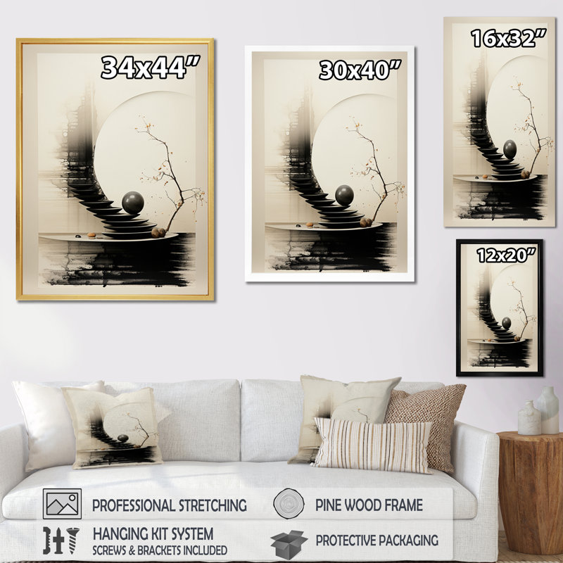 «Heela Asian Art Seashell Sumi II», reproduction d'art, Impression noire sur toile encadrée, H 20 po x l 12 po x P 1 po