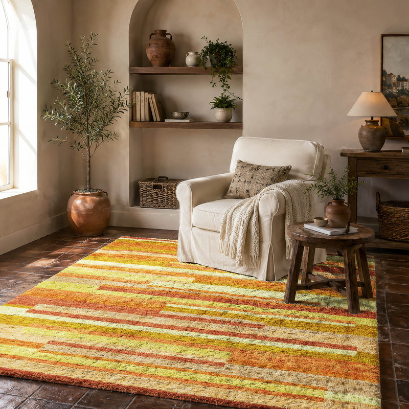 Tapis à rayures Dream Shag ADS766 lavable à la machine de qualité supérieure, Orange, 5 pi x 7 pi 6 po