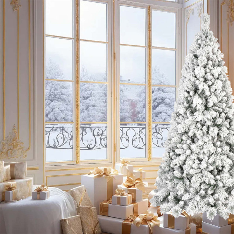 Arbre de Noël enneigé 7 pi avec 450 lumières DEL chaudes, 1060 pointes, PVC enneigé et branches à aiguille dure, conception à charnières, support en métal robuste