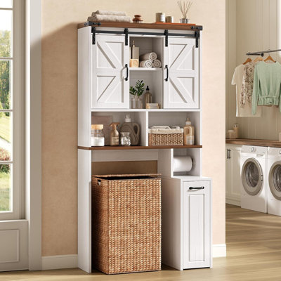 Farmhouse Over The Toilet Storage Cabinet With Pulley, Bathroom Storage Cabinet With Slide Barn Doors, Adjustable Shelf And Open Shelf, White Brown