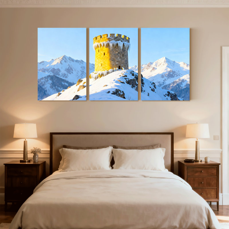 Ensemble de 3 impressions sur toile Mid-Century Snowy Mountain Castle Reflection Sky, H 30 po x l 60 po