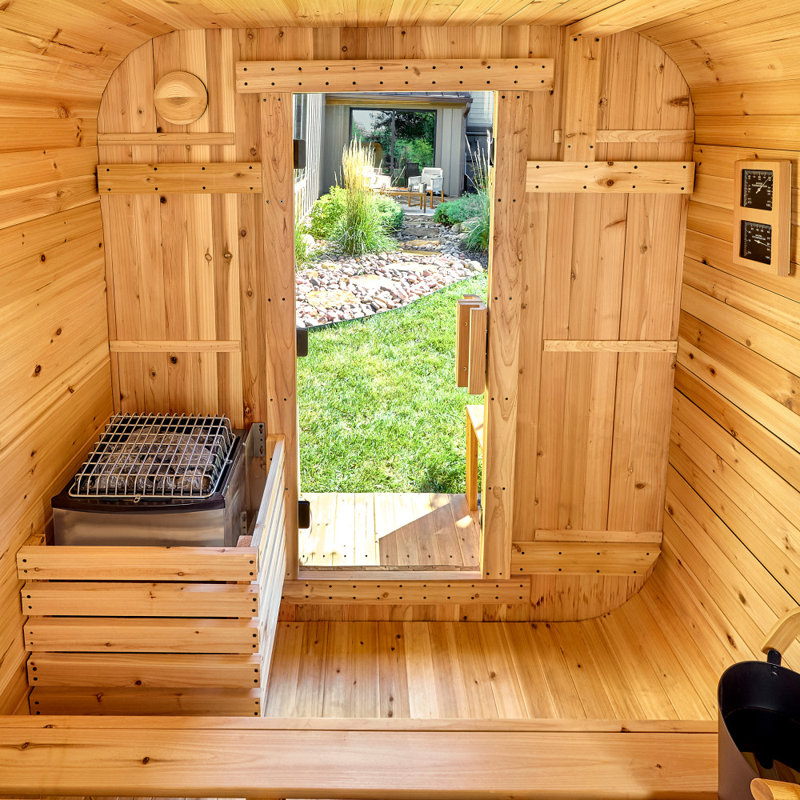 Backyard Discovery Lennon 4-6 Person Traditional Cedar Outdoor Cube Sauna with Porch,  9kW Electric Heater, Wi-Fi Control, LED Lights