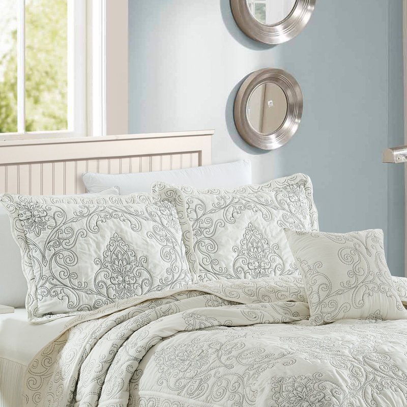 4 Piece Damask Oversized Embroidery Bedspread Set, King Quilt + 2 King Shams + Throw Pillow, Antique White