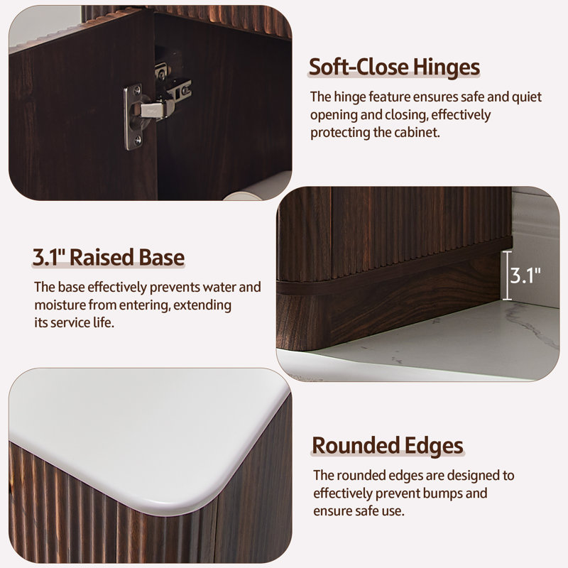 Meuble-lavabo cannelé 35,8 po, évier intégré en céramique, 3 tiroirs et armoire de plancher réglable, Noyer foncé