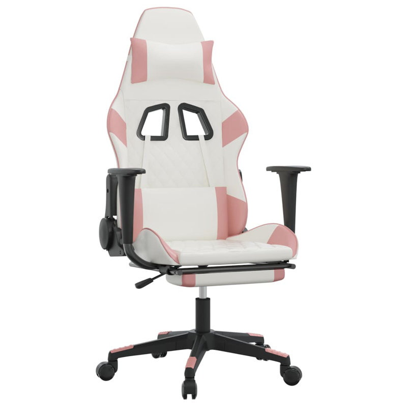 Massage Gaming Chair with Footrest Faux Leather, White/Pink
