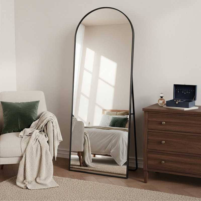 2-in-1 Artsy Arch Aluminum Frame Full Length Dressing Mirror with U-Shaped Stand, Shatterproof Tempered Glass Freestanding & Leaning Floor Mirror